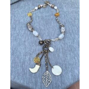 Vintage Avon Statement Boho Necklace Beads Silver Gold Tone Leaf Charm Maxi